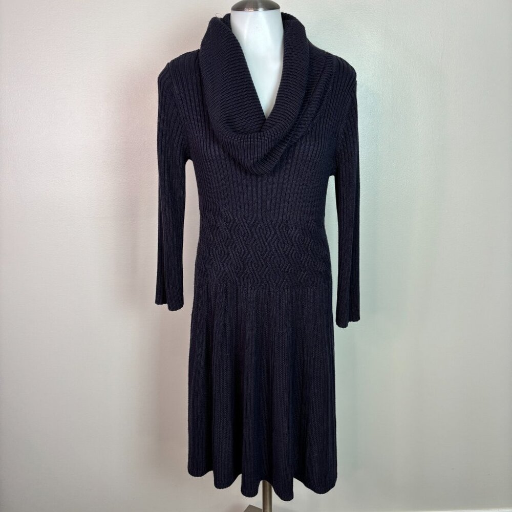 Eliza J Sweater Dress Large Navy Blue Cowl Neck Long Sleeve Fit & Flare Women's